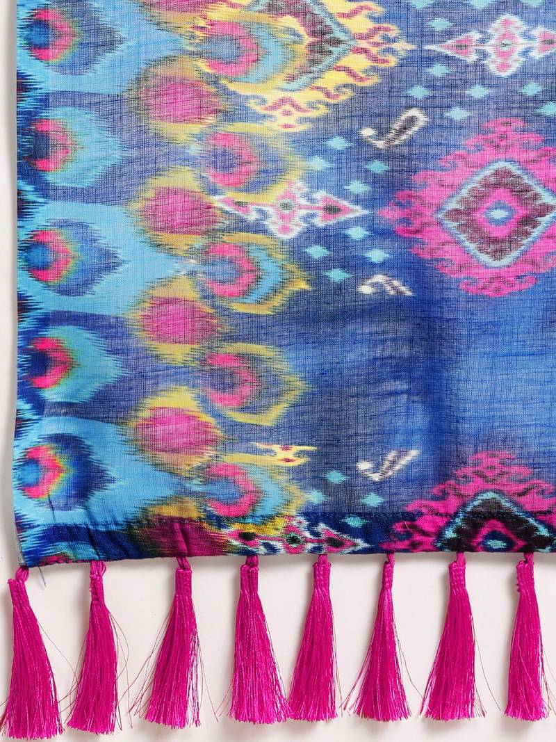 White & Blue Linen Blend Checked Ikat Saree