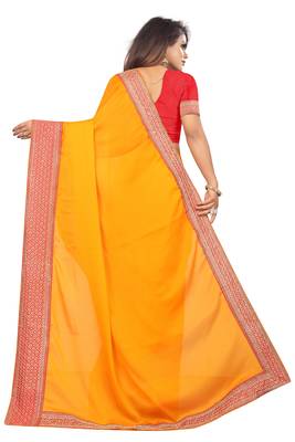 Mustar Vichitra Silk Bollywood Saree With Embriodered Lace  and Blouse Piece. 2