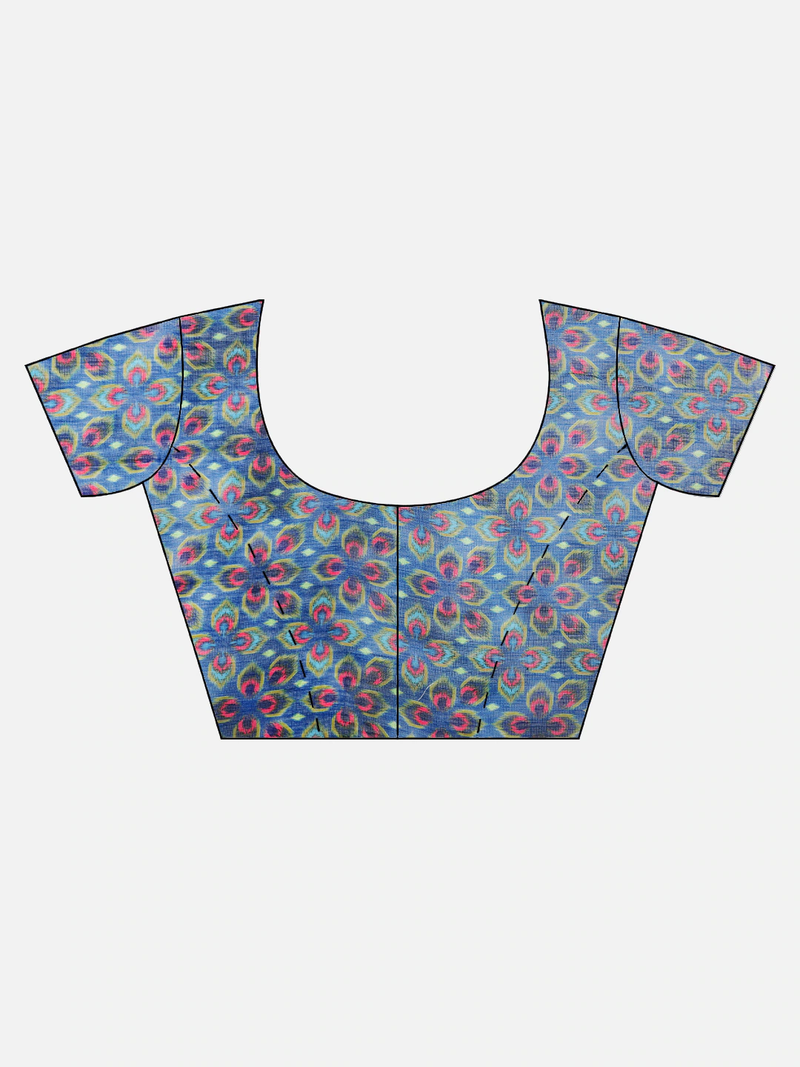 White & Blue Linen Blend Checked Ikat Saree