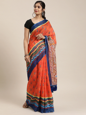 Orange & Blue Linen Blend Printed Ikat Saree 1