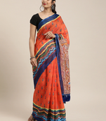 Orange & Blue Linen Blend Printed Ikat Saree