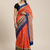 Orange & Blue Linen Blend Printed Ikat Saree