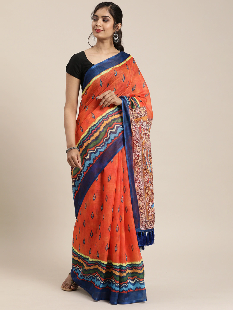 Orange & Blue Linen Blend Printed Ikat Saree