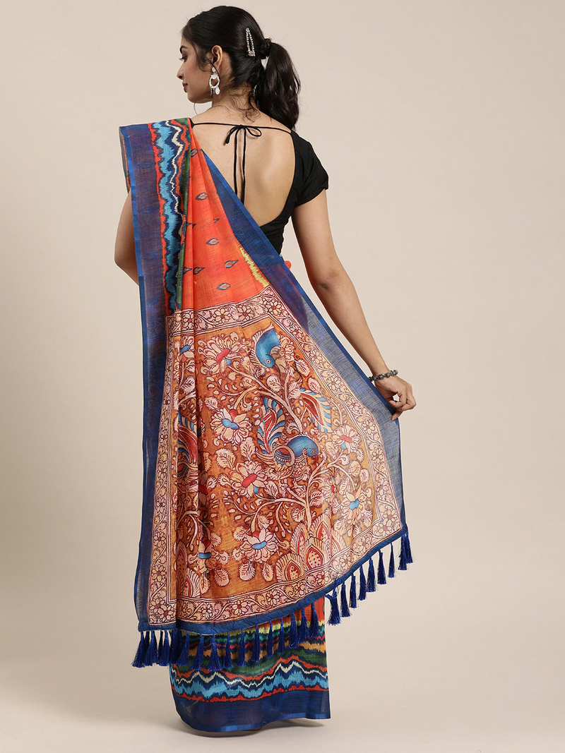 Orange & Blue Linen Blend Printed Ikat Saree
