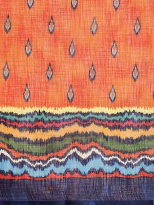 Orange & Blue Linen Blend Printed Ikat Saree 3