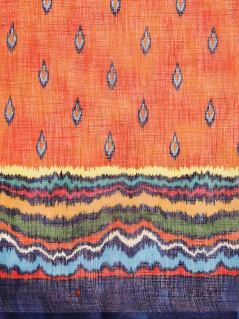 Orange & Blue Linen Blend Printed Ikat Saree