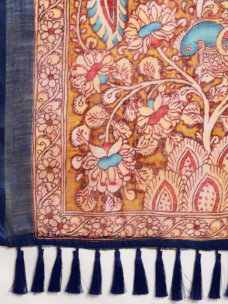 Orange & Blue Linen Blend Printed Ikat Saree