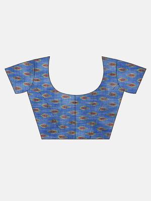Orange & Blue Linen Blend Printed Ikat Saree 5