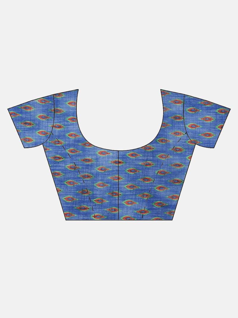 Orange & Blue Linen Blend Printed Ikat Saree