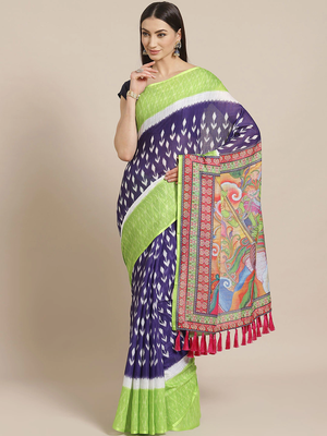 Purple & Green Floral Printed Ikat Designer Saree 1