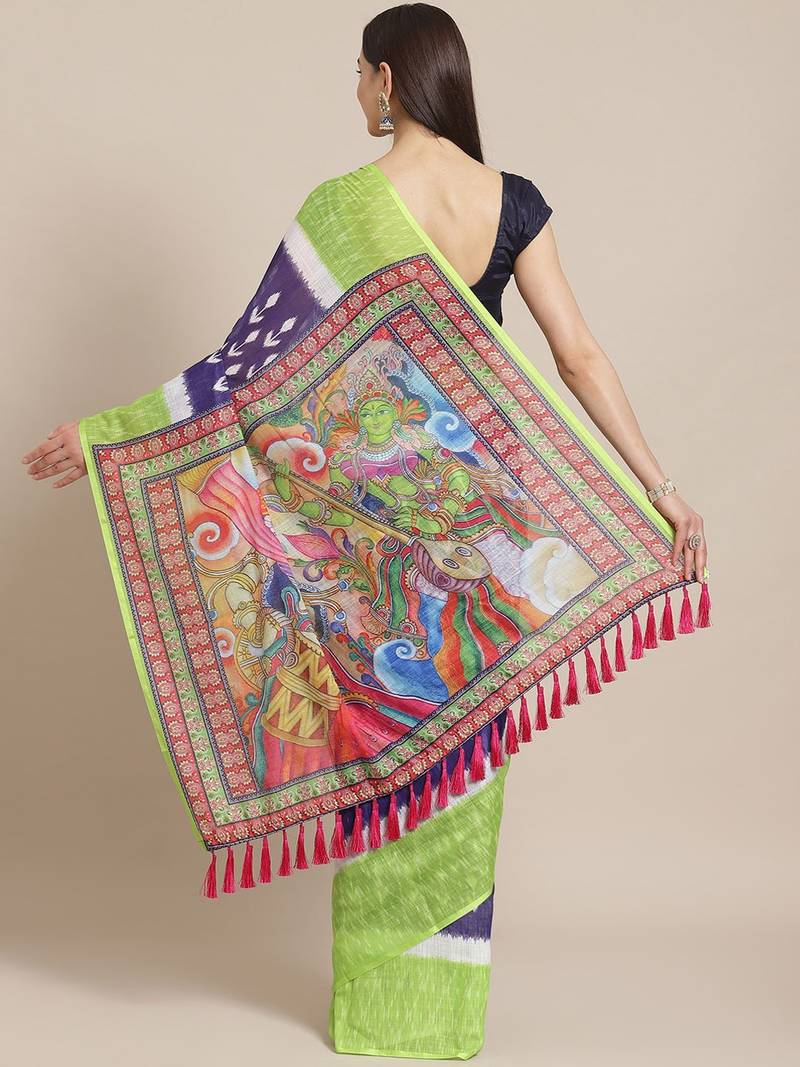 Purple & Green Floral Printed Ikat Designer Saree