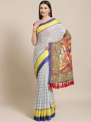 Off-White & Blue Printed Ikat Saree 1