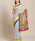 Off-White & Blue Printed Ikat Saree