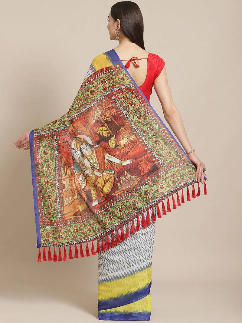 Off-White & Blue Printed Ikat Saree