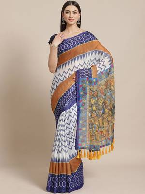 White & Blue Printed Ikat Saree 1