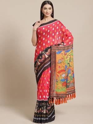 Pink & White Printed Pochampally Saree 1