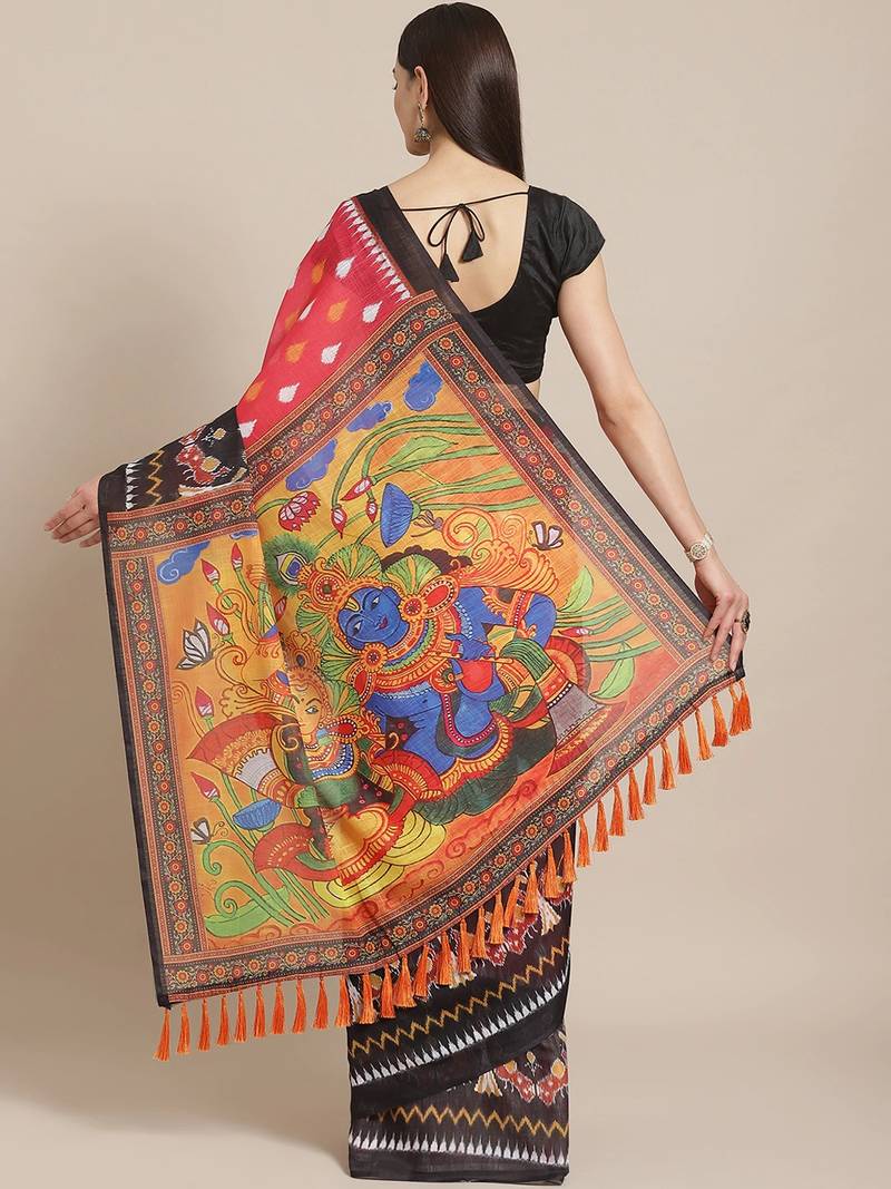 Pink & White Printed Pochampally Saree