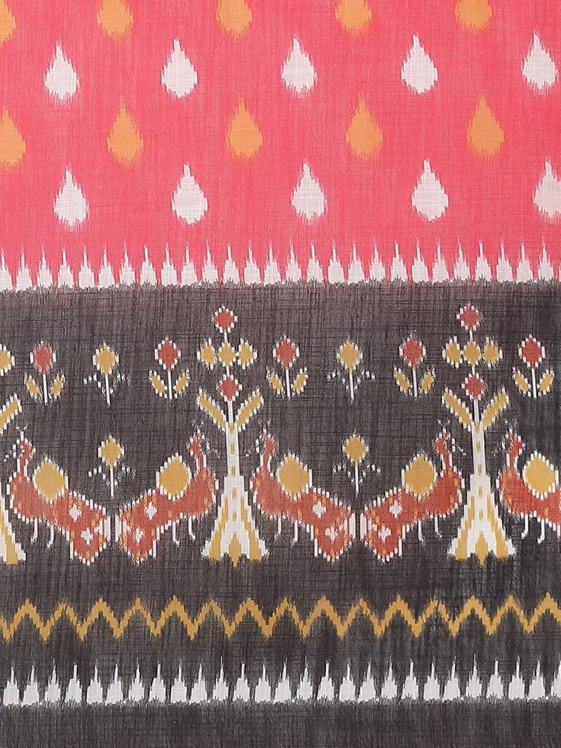 Pink & White Printed Pochampally Saree