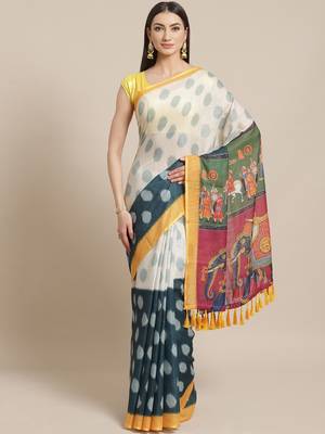 Off-White & Navy Blue Printed Ikat Saree 1