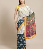 Off-White & Navy Blue Printed Ikat Saree