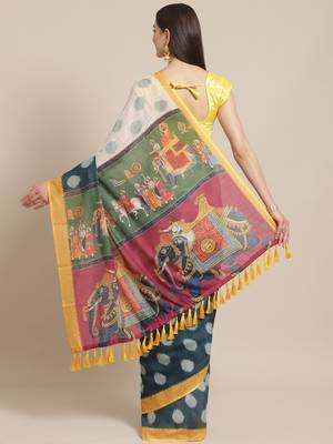 Off-White & Navy Blue Printed Ikat Saree 2