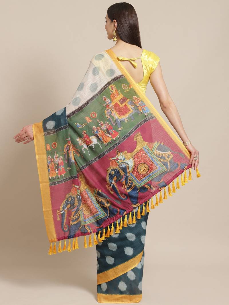 Off-White & Navy Blue Printed Ikat Saree