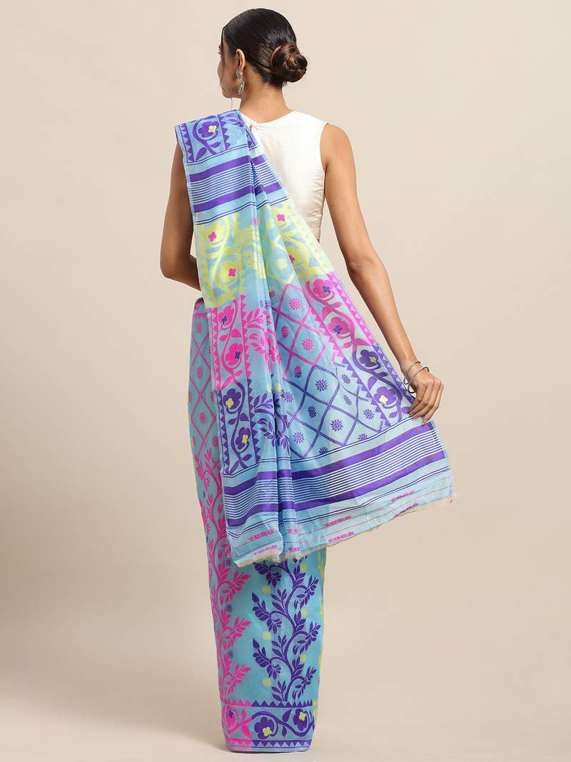 Sky Coloured Trendy Dhakai Jamdani Cotton Silk Saree