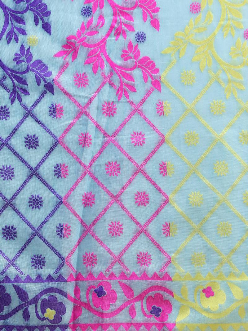 Sky Coloured Trendy Dhakai Jamdani Cotton Silk Saree