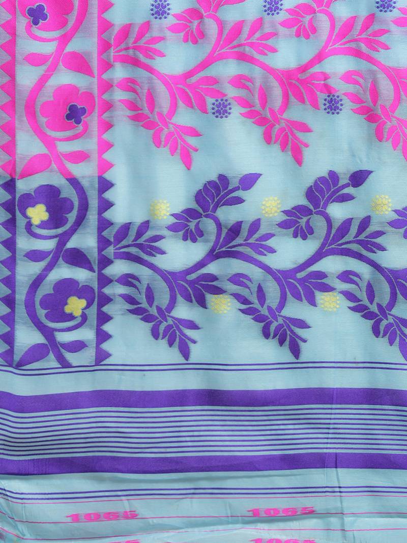 Sky Coloured Trendy Dhakai Jamdani Cotton Silk Saree