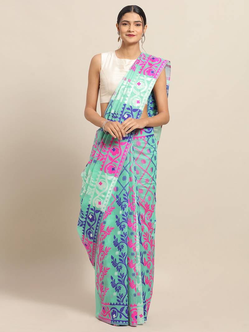 Rama Coloured Trendy Dhakai Jamdani Cotton Silk Saree