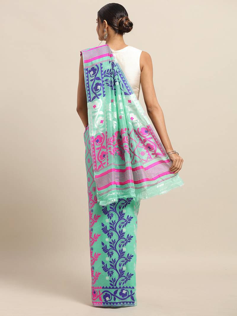 Rama Coloured Trendy Dhakai Jamdani Cotton Silk Saree