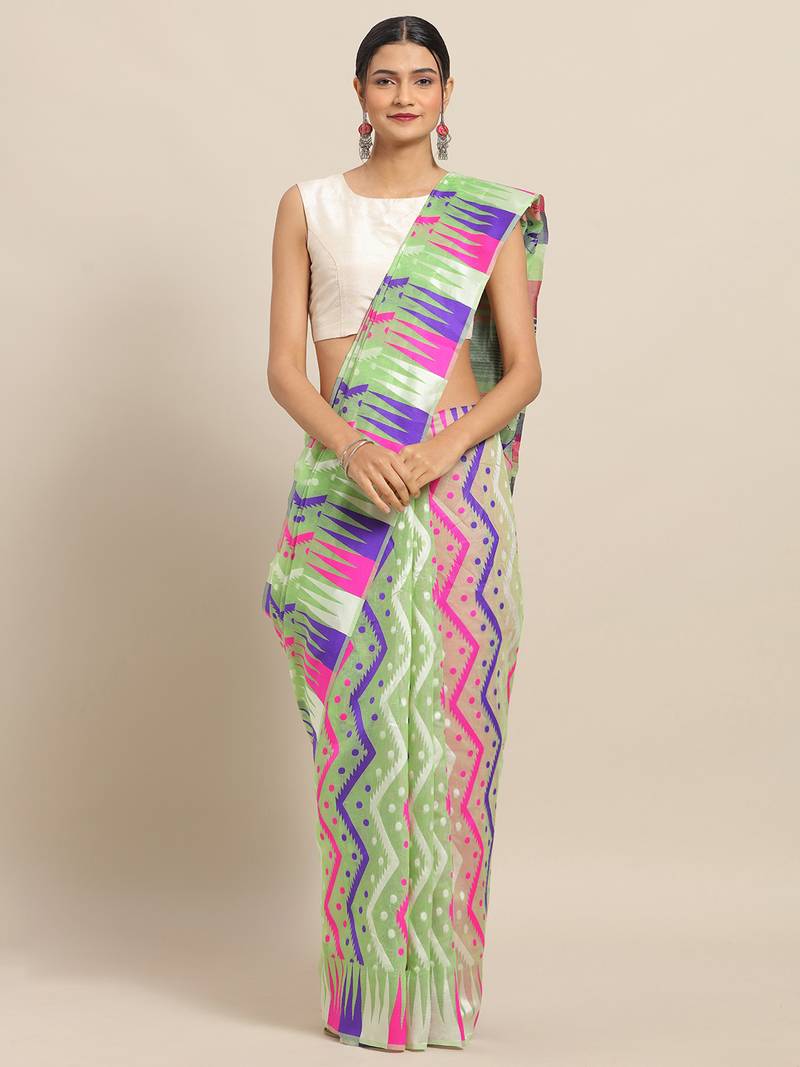 Pista Coloured Trendy Dhakai Jamdani Cotton Silk Saree