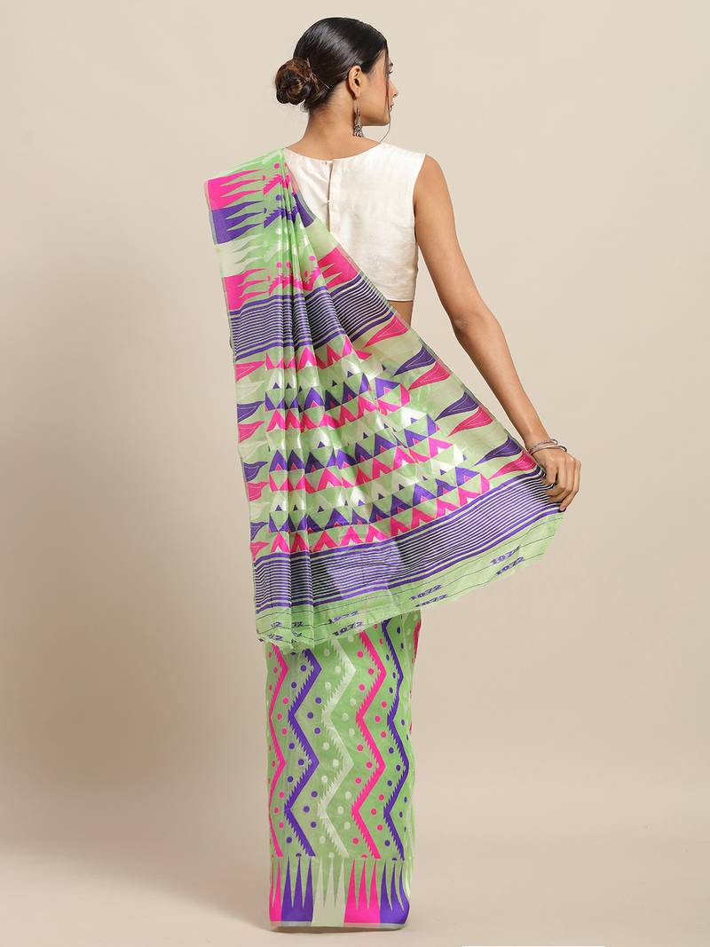 Pista Coloured Trendy Dhakai Jamdani Cotton Silk Saree