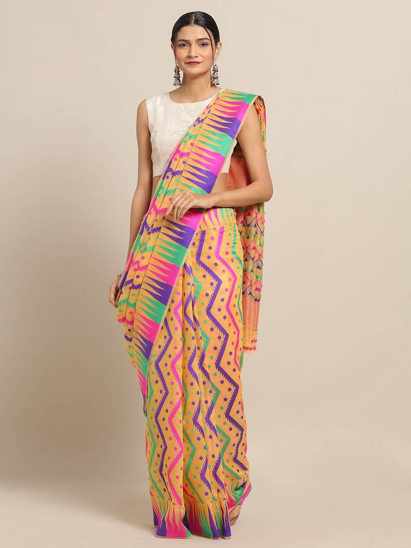 Orange Coloured Trendy Dhakai Jamdani Cotton Silk Saree