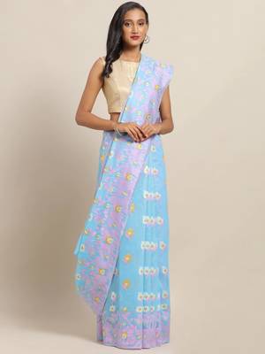 Blue & Pink Silk Cotton Printed Jamdani Saree 1