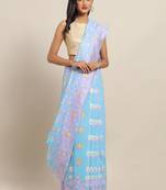 Blue & Pink Silk Cotton Printed Jamdani Saree