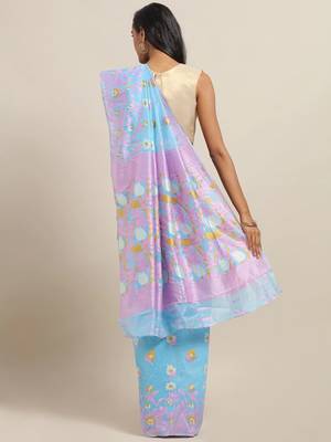 Blue & Pink Silk Cotton Printed Jamdani Saree 2