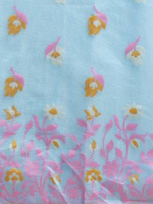 Blue & Pink Silk Cotton Printed Jamdani Saree 3