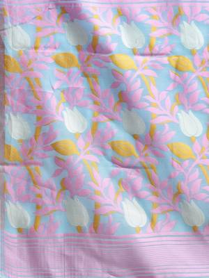 Blue & Pink Silk Cotton Printed Jamdani Saree 4