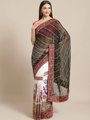 Black & White Kutchi Embroidered Half and Half Bandhani Saree 1