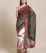Black & White Kutchi Embroidered Half and Half Bandhani Saree