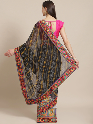 Black & White Kutchi Embroidered Half and Half Bandhani Saree 2