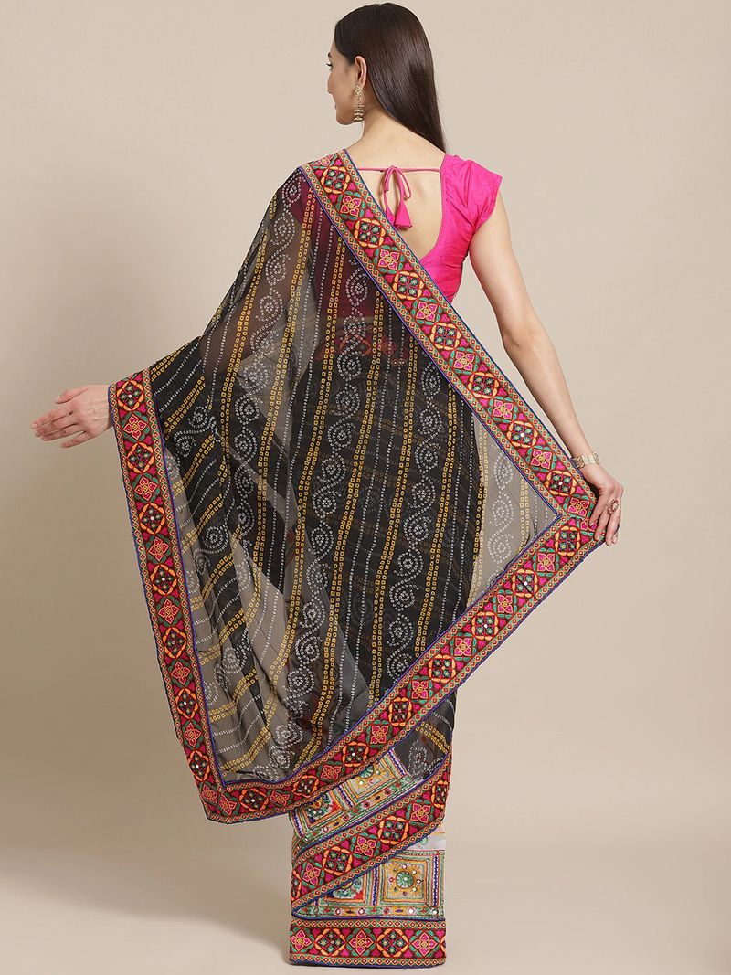 Black & White Kutchi Embroidered Half and Half Bandhani Saree