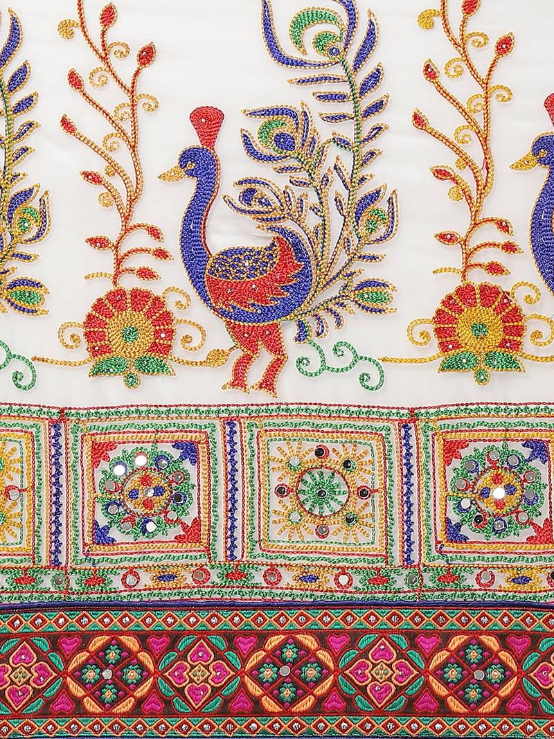 Black & White Kutchi Embroidered Half and Half Bandhani Saree