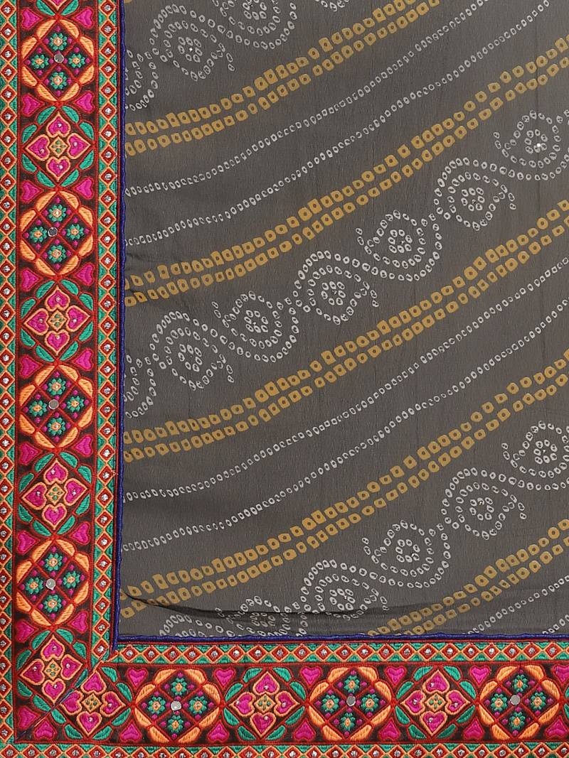 Black & White Kutchi Embroidered Half and Half Bandhani Saree