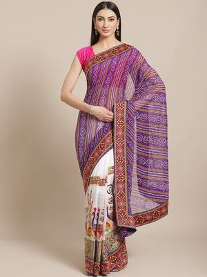 Purple & White Kutchi Embroidered Half and Half Bandhani Saree 1