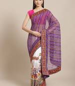 Purple & White Kutchi Embroidered Half and Half Bandhani Saree