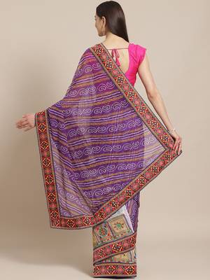 Purple & White Kutchi Embroidered Half and Half Bandhani Saree 2