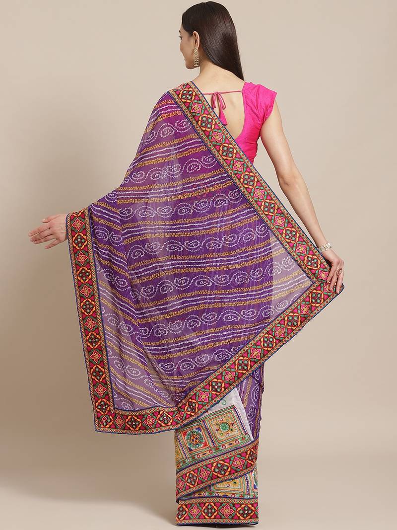 Purple & White Kutchi Embroidered Half and Half Bandhani Saree