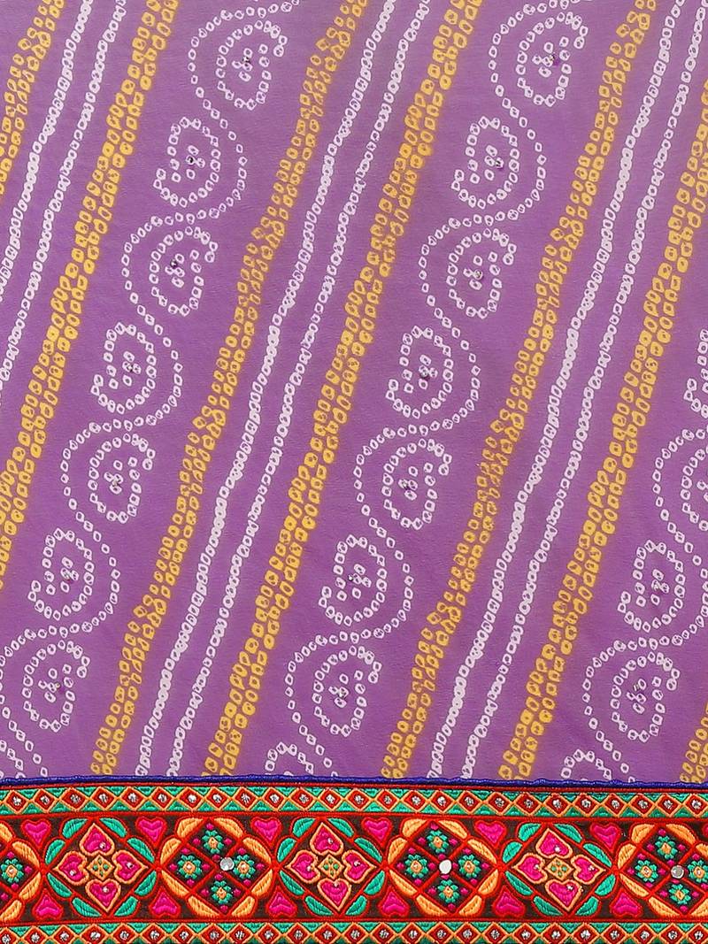 Purple & White Kutchi Embroidered Half and Half Bandhani Saree